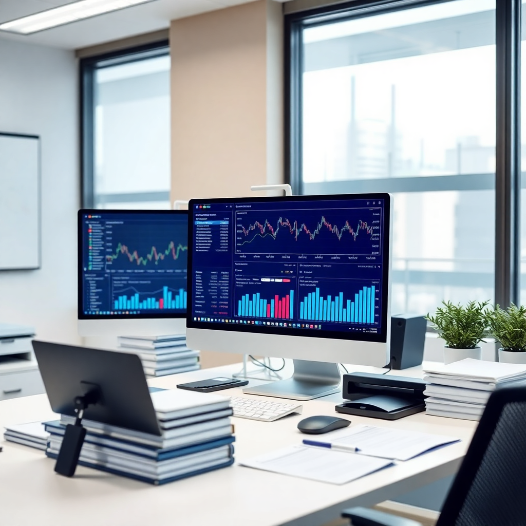 modern accounting office workspace, professional desk setup, computer screens with financial charts, organized documents