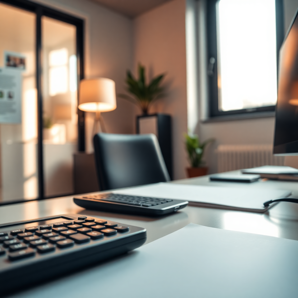 Professional office setting with warm lighting, calculator, and peaceful atmosphere, modern style
